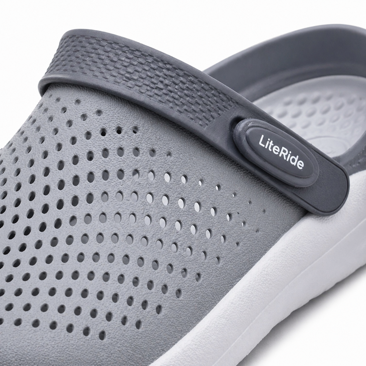 Material close-up detail of grey Crocs LiteRide 360 Clog